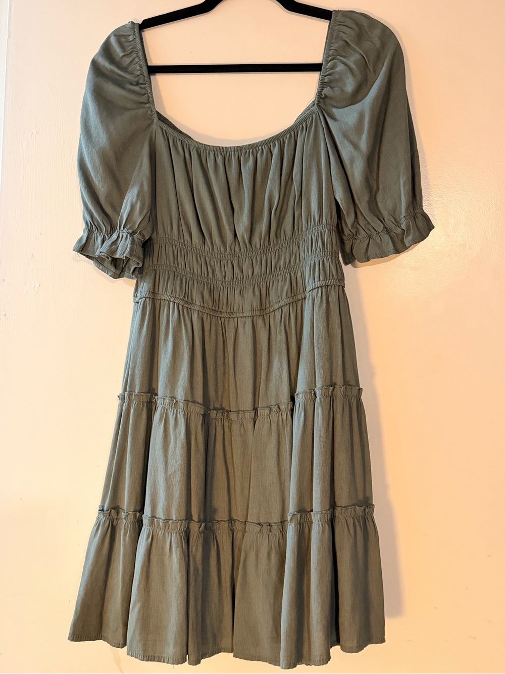 Altar'd State Sage Green Puff Sleeve Tiered Mini Dress